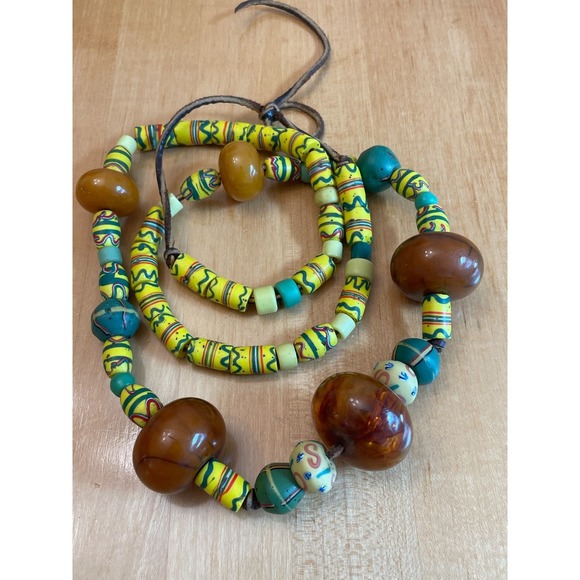The Unbranded Brand Jewelry - Vintage African Trade Bead Necklace Faux Amber Millefiori Glass Ethnic Bohemian